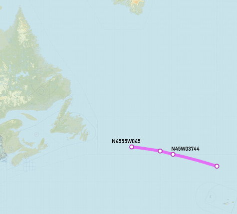 SirListenalot's tweet photo. #B52's #AE5894 &amp; #AE5897 #BARB11-12 (Morón - Barksdale) passed N45W03744 1140z, FL260-270, estimate N4525W040 1155z, N4555W045 next https://t.co/l5S7mLm2Fw