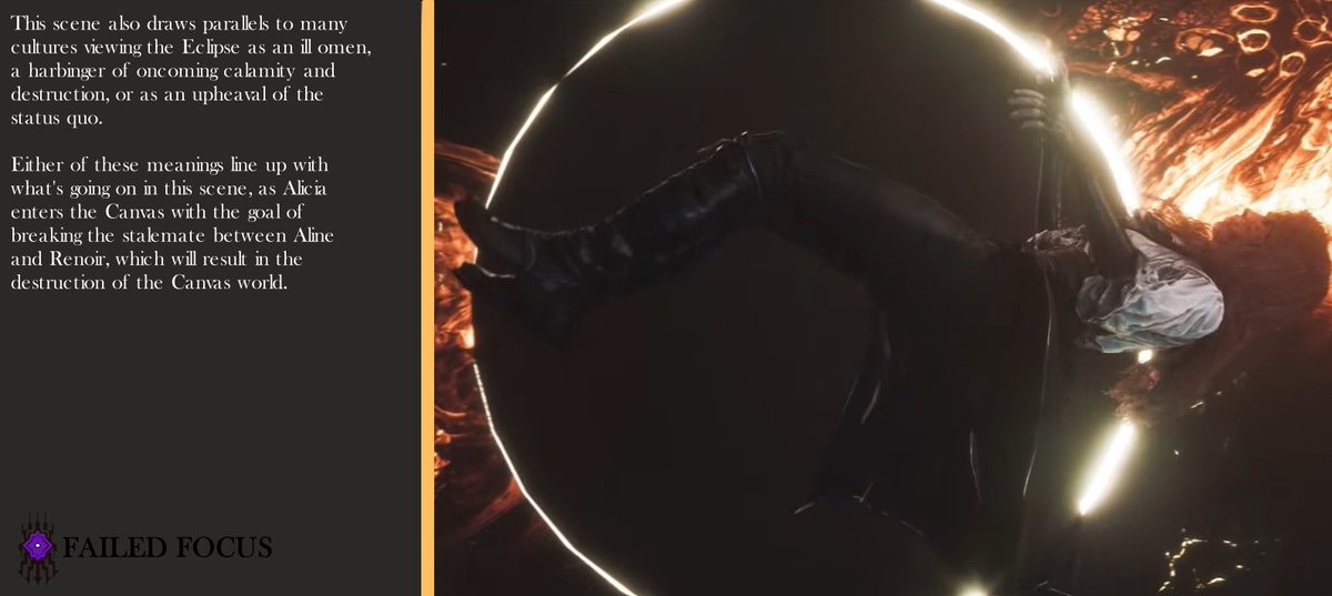 FailedFocus's tweet image. But back to the scene in where Alicia enters the Canvas. The eclipse here has more meaning, as many cultures also saw the eclipse as an ill omen, a portend of oncoming calamity and destruction or as an upheaval of the status quo. 26/??