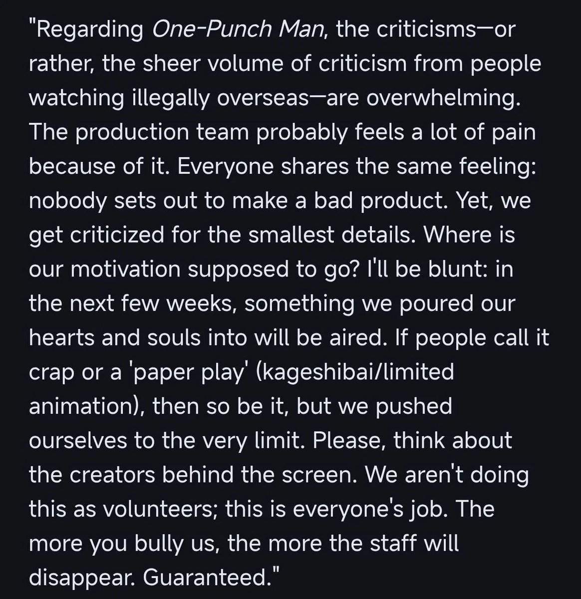 Aniwa_Anime's tweet image. I got somewhat irritated reading this. Why assume all overseas fans watch illegally? Saying that one upcoming episode will be good doesn’t change the fact that most of the season has been bad. I agree we shouldn’t attack the staff, but gaslighting fans is crazy.

#OnePunchMan