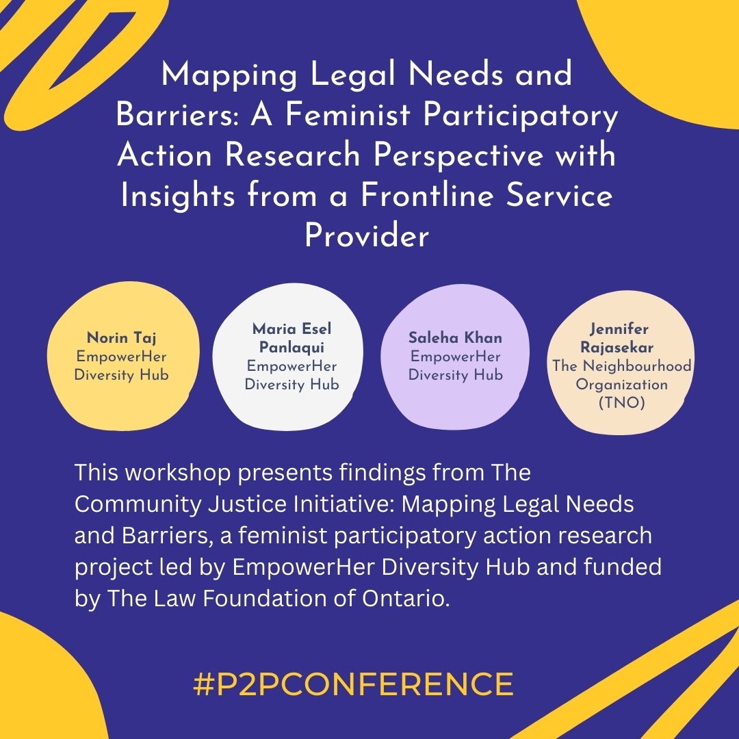 P2PConnects's tweet image. 🗺️ Mapping Legal Needs and Barriers: A Feminist Participatory Action Research Perspective with Insights from a Frontline Service Provider
Chair: Saleha Khan, EmpowerHer Diversity Hub
📅 November 24
📍 In Person
#p2pconference #vvpconference #LegalEmpowerment #Equity