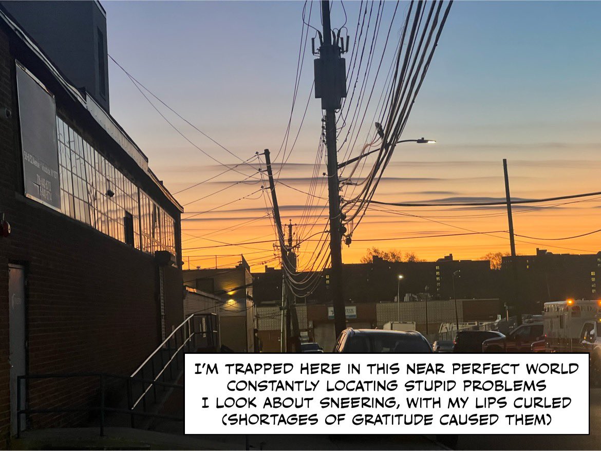 wqueens7's tweet image. I’m trapped here in this near perfect world 
Constantly locating stupid problems 
I look about sneering, with my lips curled 
(Shortages of gratitude caused them) 
#SelfieSonnet?
#SelfiePoem 
#Comicpoem