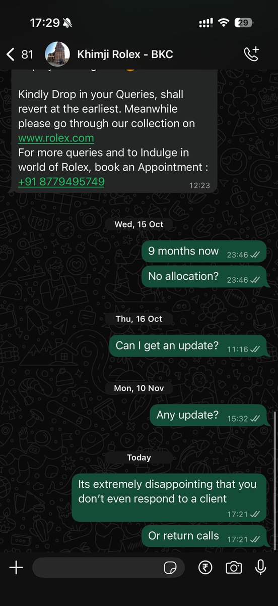KejriwalManav's tweet photo. @ROLEX you should reconsider the customer service that is being offered to genuine buyers. No response or calls being returned. The most disrespectful service ever received. Seems like your AD feels like we are some kind of beggars waiting in line for some crumbs. https://t.co/YpdbciIPOY