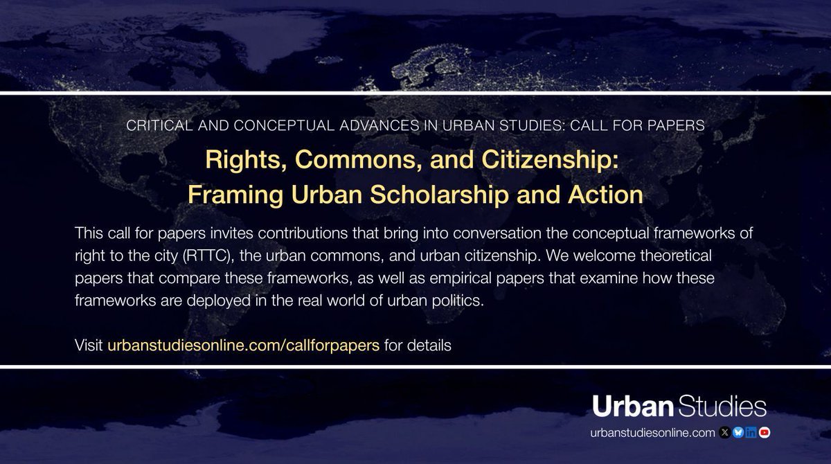 USJ_online's tweet image. 📢 #CallForPapers 📢 

✍️ #UrbanStudies invites theoretical and case-based contributions that deepen our understanding of the right to the city, urban commons, and urban citizenship by bringing them into conversation with each other. 

🔗 Details: buff.ly/mICOCVm