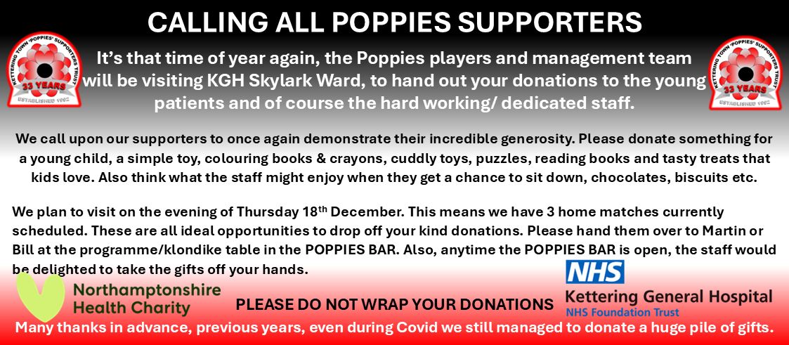 poppiestrust's tweet image. Presents required for Players and management team Christmas visit to @KettGeneral hospital Skylark ward...
🎅🏻🎄🎁