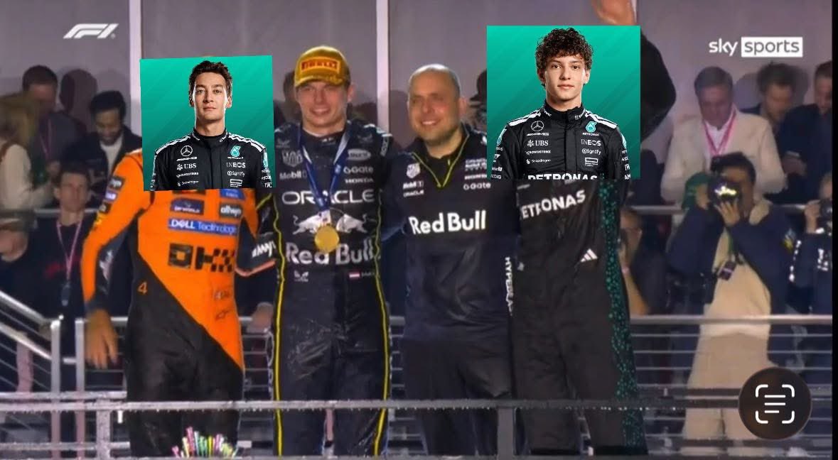 Podio #LasVegasGP después de la descalificación de <a href="/McLarenF1/">McLaren</a> <a href="/Max33Verstappen/">Max Verstappen</a> <a href="/GeorgeRussell63/">George Russell</a> <a href="/KimiAntF1/">Kimi Antonelli — Mercedes F1 Driver (News)</a> <a href="/redbullracing/">Oracle Red Bull Racing</a> <a href="/MercedesAMGF1/">Mercedes-AMG PETRONAS F1 Team</a>