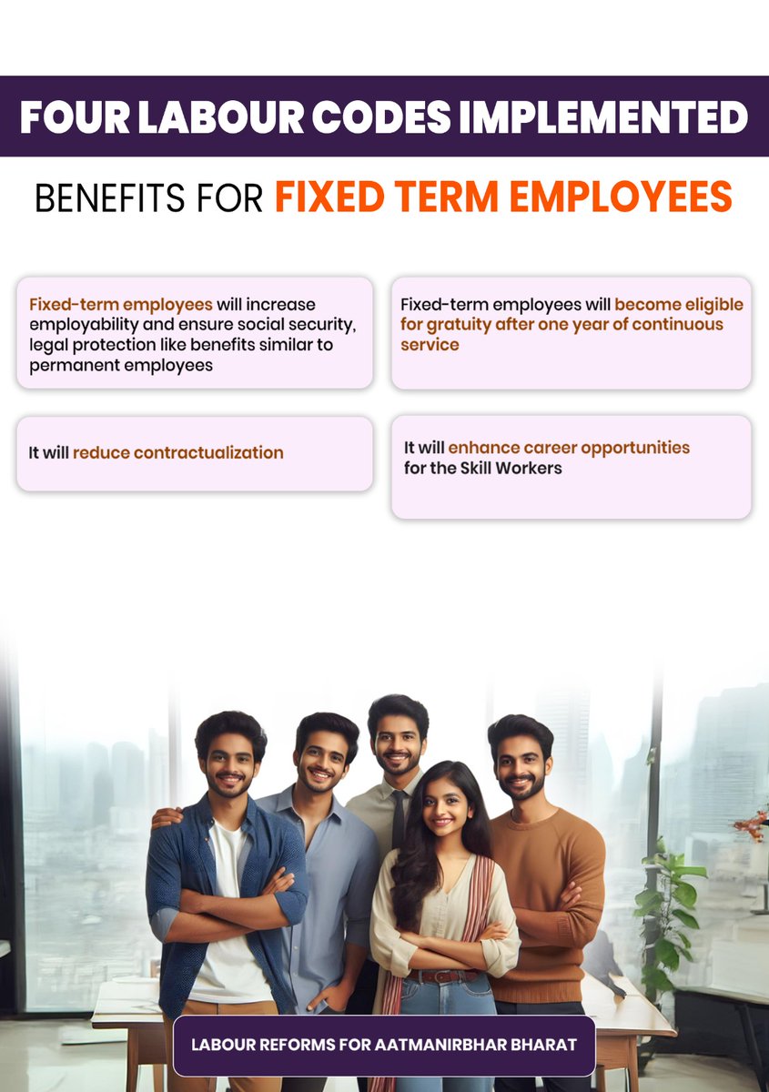 PIB_India's tweet image. By consolidating numerous older laws into four comprehensive Codes, the Government has made the four Labour Codes effective

These reforms eliminate rigidity, remove overlaps, and enhance clarity for employers &amp;amp; employees across various sectors!👇

#LabourReforms #ShramevJayate…