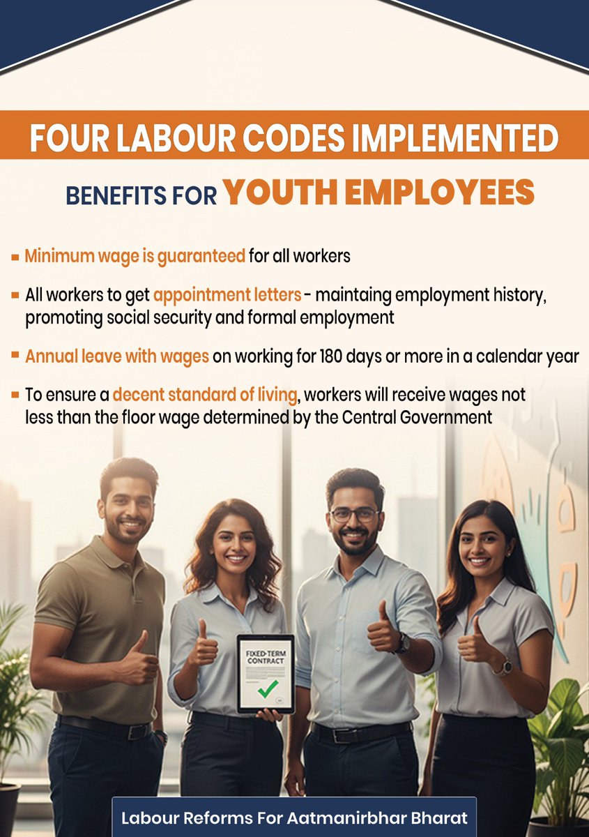 PIB_India's tweet image. By consolidating numerous older laws into four comprehensive Codes, the Government has made the four Labour Codes effective

These reforms eliminate rigidity, remove overlaps, and enhance clarity for employers &amp;amp; employees across various sectors!👇

#LabourReforms #ShramevJayate…