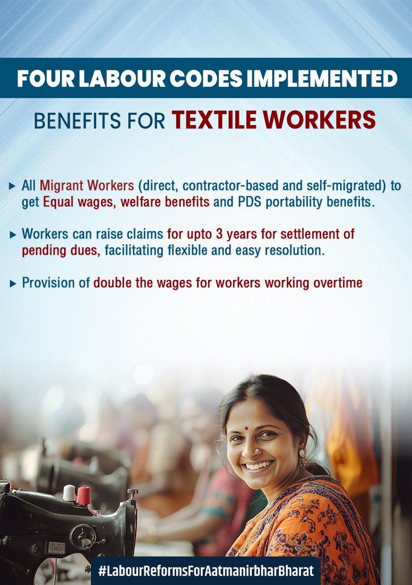 PIB_India's tweet image. By consolidating numerous older laws into four comprehensive Codes, the Government has made the four Labour Codes effective

These reforms eliminate rigidity, remove overlaps, and enhance clarity for employers &amp;amp; employees across various sectors!👇

#LabourReforms #ShramevJayate…