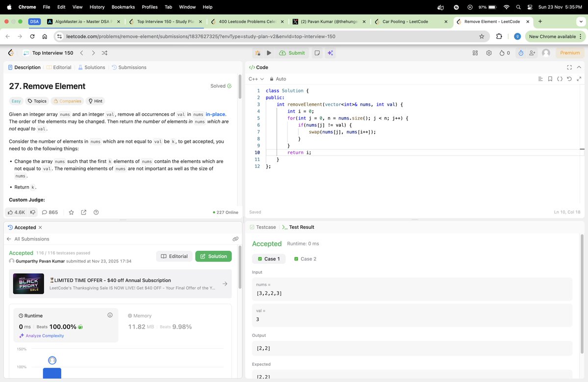 thehungertocode's tweet image. Hello Everyone 👋

Completed #Day692 of the #codeeveryday challenge.

Solved:  Remove Element

✅ T.C: O(n)
✅ S.C: O(1)

#consistencyiskey #buildinpublic #developer #Engineering #LeetCode