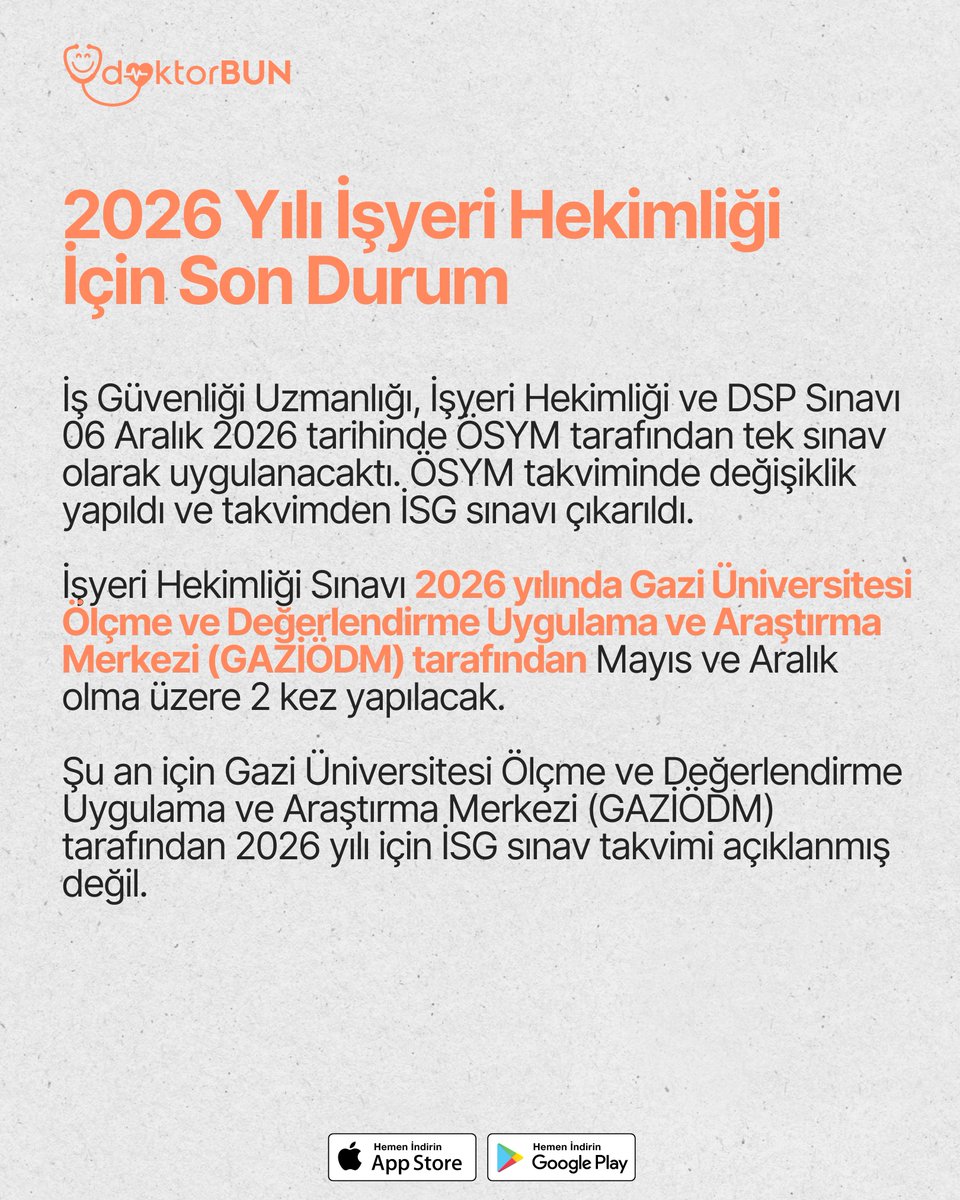 DoktorBun's tweet photo. 👷‍♂️ 18 Kasım 2025 tarihinde İSGGM tarafından yapılan duyuruda; 2026 yılında yapılacak İşyeri Hekimliği sınavının ÖSYM tarafından değil de Gazi Üniversitesi (GAZİÖDM) tarafından uygulanacağı açıklandı.

İşyeri Hekimliği sınavının 2026 yılında iki (2) kez uygulanacağı açıklandı. https://t.co/j5HHcUEJ2h