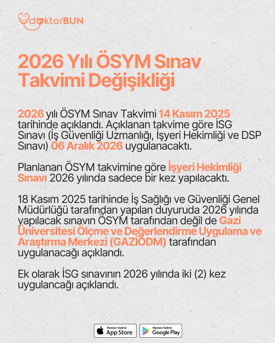 DoktorBun's tweet photo. 👷‍♂️ 18 Kasım 2025 tarihinde İSGGM tarafından yapılan duyuruda; 2026 yılında yapılacak İşyeri Hekimliği sınavının ÖSYM tarafından değil de Gazi Üniversitesi (GAZİÖDM) tarafından uygulanacağı açıklandı.

İşyeri Hekimliği sınavının 2026 yılında iki (2) kez uygulanacağı açıklandı. https://t.co/j5HHcUEJ2h