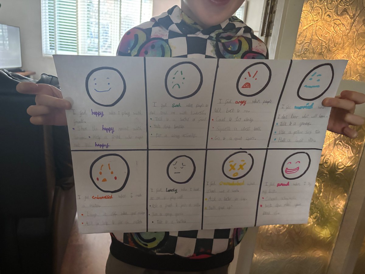 wecjamie's tweet image. @ourladyoflourd1 R in Y2 created a feelings chart for Task 15, showing different emotions and the positive steps he can take to manage them. #OLOLPSHE #OLOLHomeworkChallenges