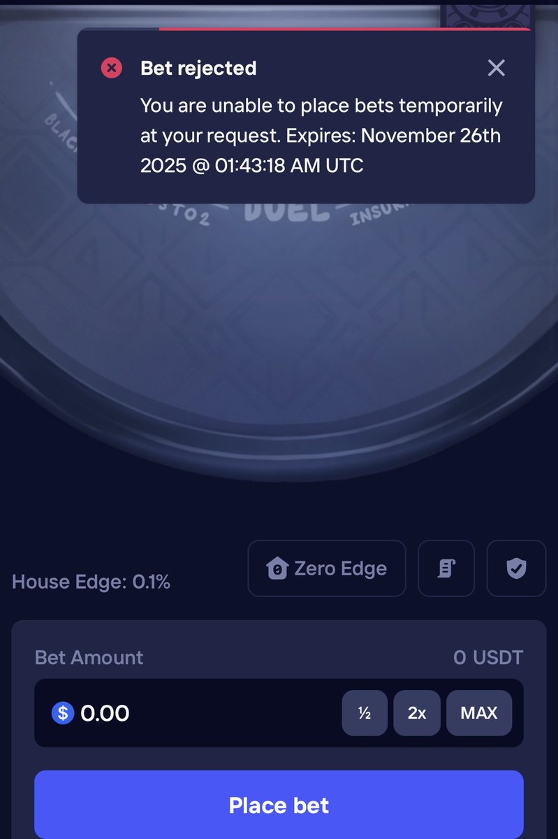 OG_Jofa's tweet image. Another common Duel W. I self-excluded for 69 hours and even when I tried to free-play blackjack with 0 bet I was unable to. Lolllllll