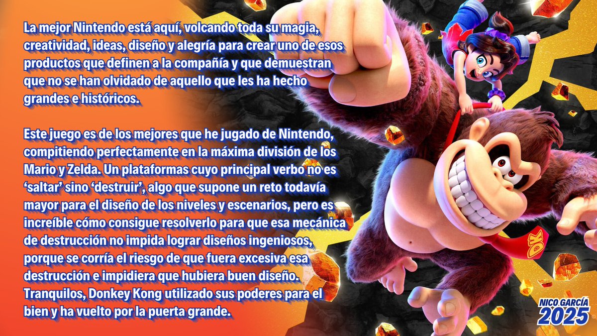nico14garc's tweet photo. @megagon_inds @Hangar13Games @Obsidian @MonolithDev @crowsx3 @Capcom_Es @thegranturismo @SandfallGames @BlooberTeam @solimporta @despelotegame @pandiosdelpan @gabecuzzillo @speculativename @Kojima_Hideo @KojiPro2015_EN @Nintendo @NintendoES 15. DONKEY KONG BANANZA

🔸️ Nintendo Switch 2
🔸️ Plataformas
🔸️ @Nintendo
🔸️ Opinión: Mi GOTY del año https://t.co/U2VWUlAIUn