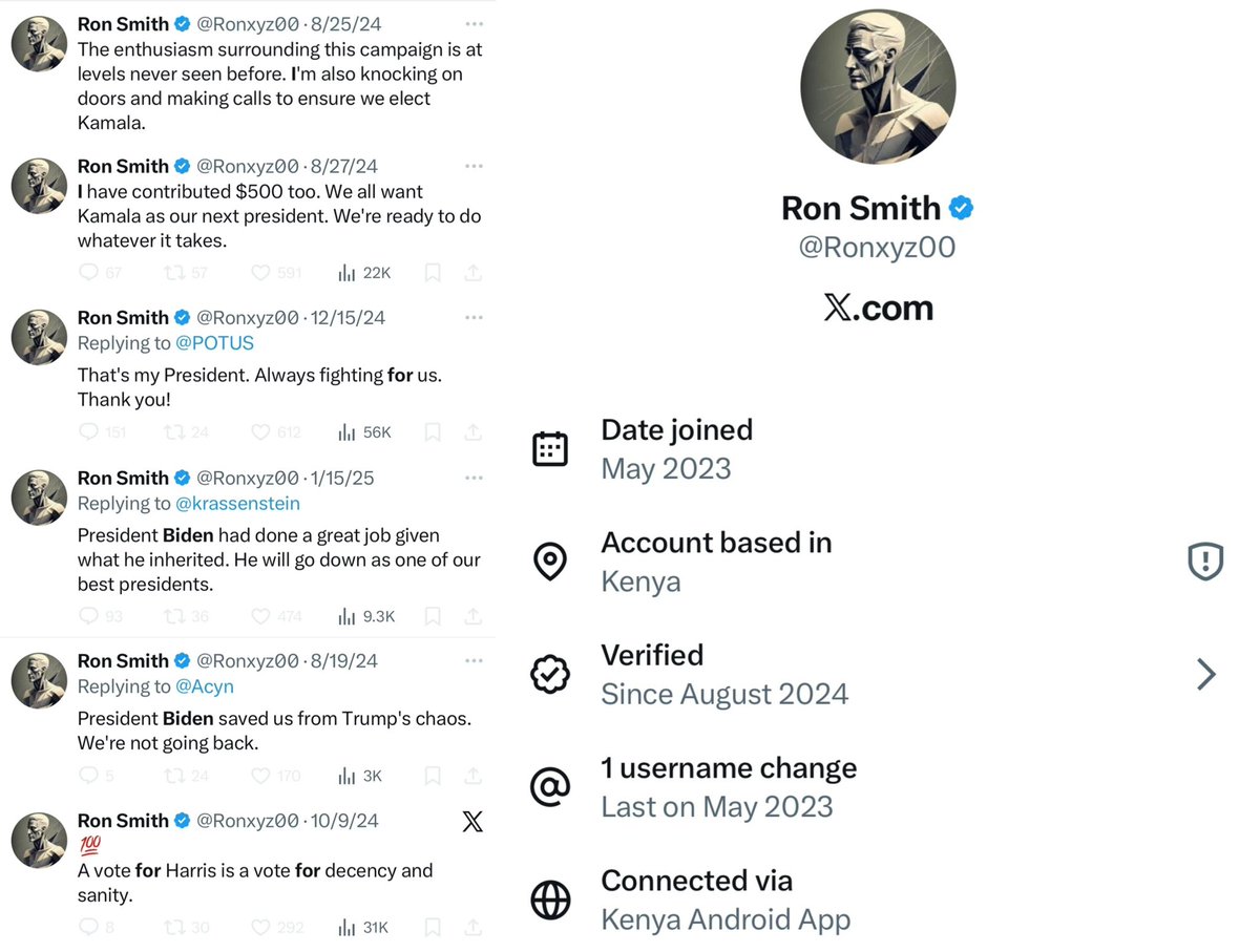 EmmaRincon's tweet image. Una cuenta de activismo demócrata, que decía haber donado $500 a la campaña de Kamala Harris, cazar profesionalmente a MAGAS y vivir en New Jersey, realmente era de Kenya, al ser descubierto le ha desactivado.

La cantidad de intromisión a los asuntos internos de EEUU por parte…