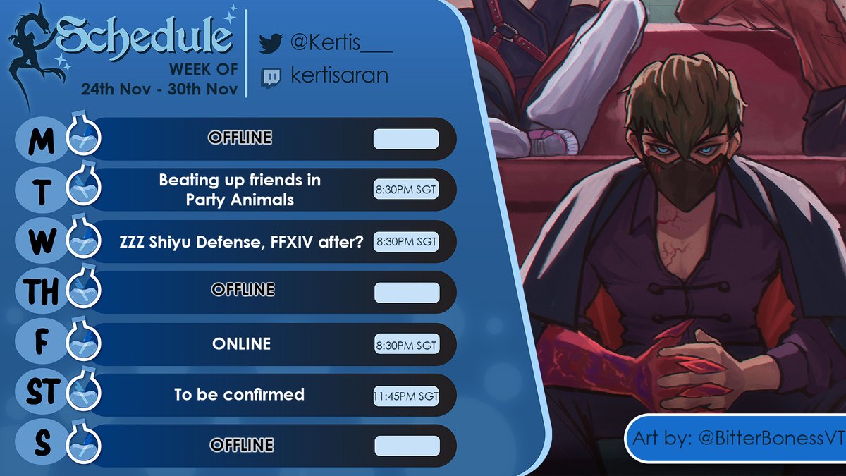 Schedule for the week!!

Going to be fighting my friends <a href="/Nemmmy_VT/">Nemmmy | 🥷VTuber 🍉</a> <a href="/Fuuwafu/">Fuuwafu 🌺🎀</a> @ElostVT and <a href="/MrKariVT/">MrKariVT</a>   in Party Animals on Tuesday!

On Wednesday, I might be continuing FFXIV Shadowbringers New Game Plus!! Keeping my options opened. Hehe!

Keeping my options opened for Friday!