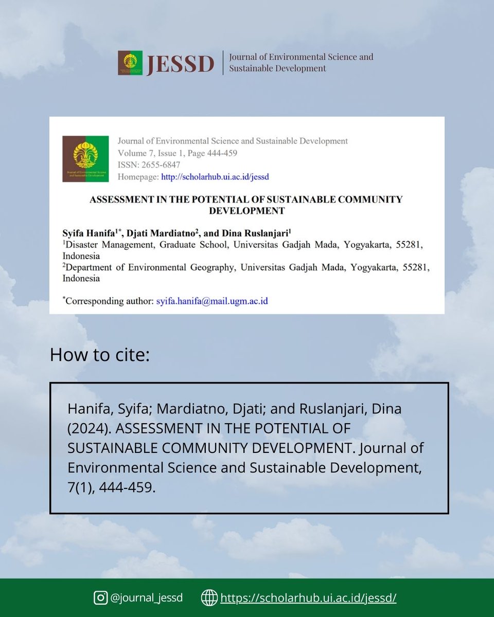 JournalJESSD's tweet image. ASSESSMENT IN THE POTENTIAL OF SUSTAINABLE COMMUNITY DEVELOPMENT

Scopus link: scopus.com/inward/record.…

Full paper: scholarhub.ui.ac.id/jessd/vol7/iss…

#JESSD #SustainableDevelopment #ClimateAction #CommunityResilience #Research