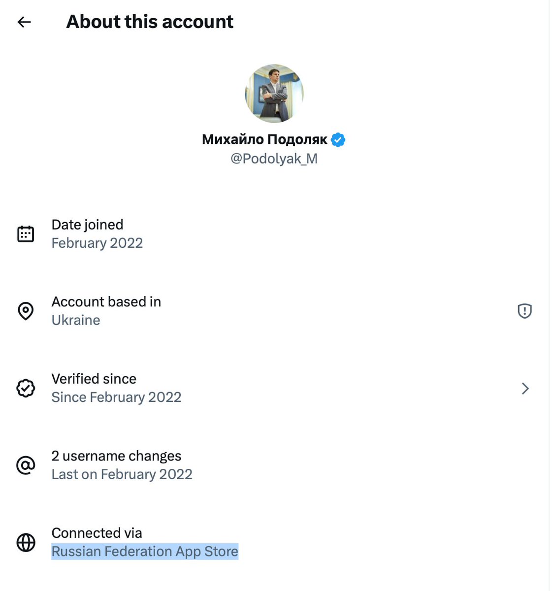 nexta_tv's tweet image. 🤔 Podolyak Created His X Account via the Russian App Store — in February 2022

The social network X has rolled out a new feature that shows where and how an account was registered. It turns out that Zelenskyy’s adviser Mykhailo Podolyak created his X account through the Russian…