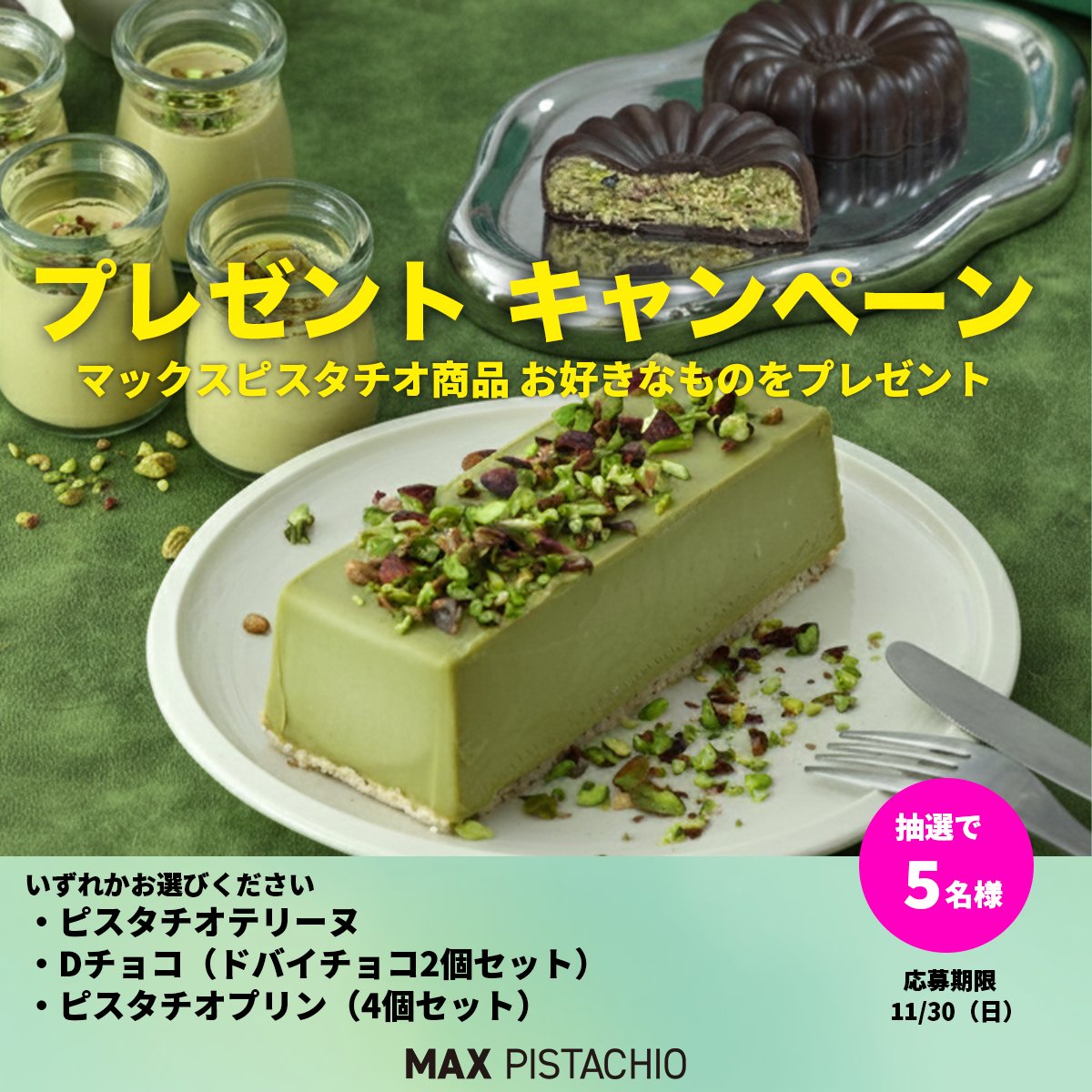 maxpistachio1's tweet image. ／
マックスピスタチオ プレゼントキャンペーン！
人気のピスタチオスイーツが当たる
＼

5名様にピスタチオテリーヌ、Dチョコ（ドバイチョコ）、ピスタチオプリン、いずれかお好きなものを🎁✨

① @maxpistachio1 をフォロー
② この投稿をリポスト(引用でも可)
11/30(日)23:59〆

#大好きピスタチオ