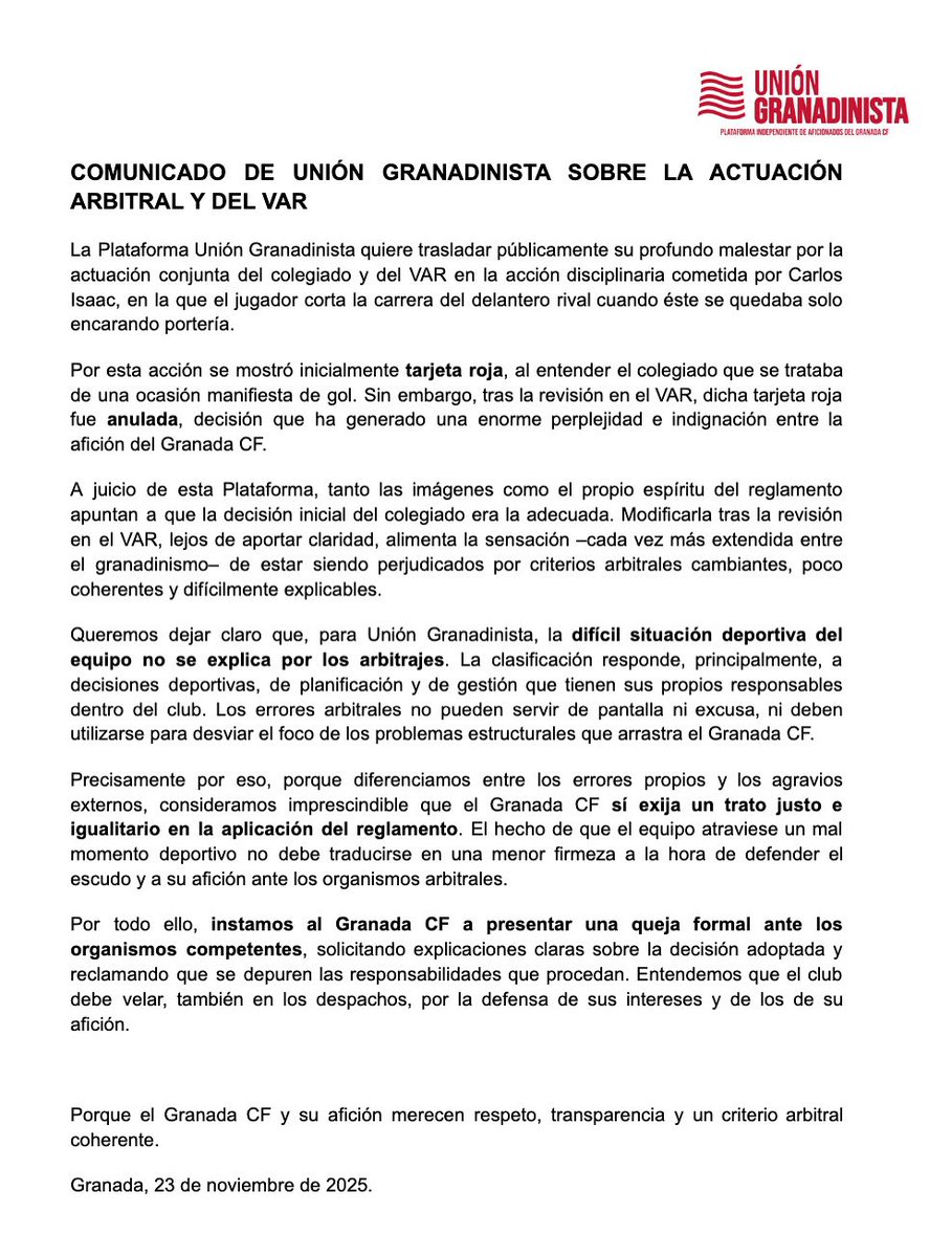 Comunicado de Unión Granadinista sobre la actuación del VAR.

Exigimos que el club actúe en consecuencia al episodio vivido en el último partido en Los Cármenes.