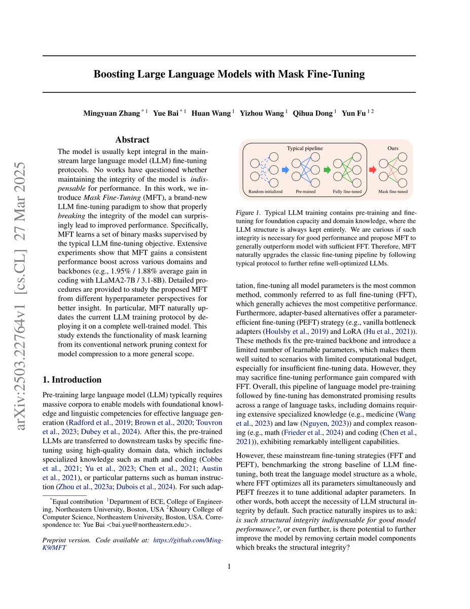 MultiLLM's tweet image. ⭕️ Check out MultiLLM debate this new paper &quot;Boosting Large Language Models with Mask Fine-Tuning&quot;: 
⭕️ Moderator Consensus: Main Points and Reasoning Flaws
Main Points Identified
All participants agree the paper introduces Mask Fine-Tuning (MFT): a post-fine-tuning method that…