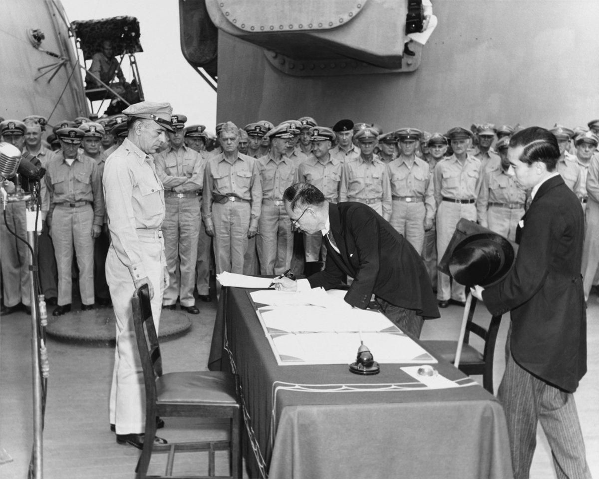 TimeDecoded's tweet image. 79 years ago today – 2 September 1945
Japanese Foreign Minister Mamoru Shigemitsu signs the surrender aboard USS Missouri.
At 9:04 a.m. the most destructive war in history officially ends.
14 years of global conflict. 70–85 million lives lost.
One signature. Silence after the…