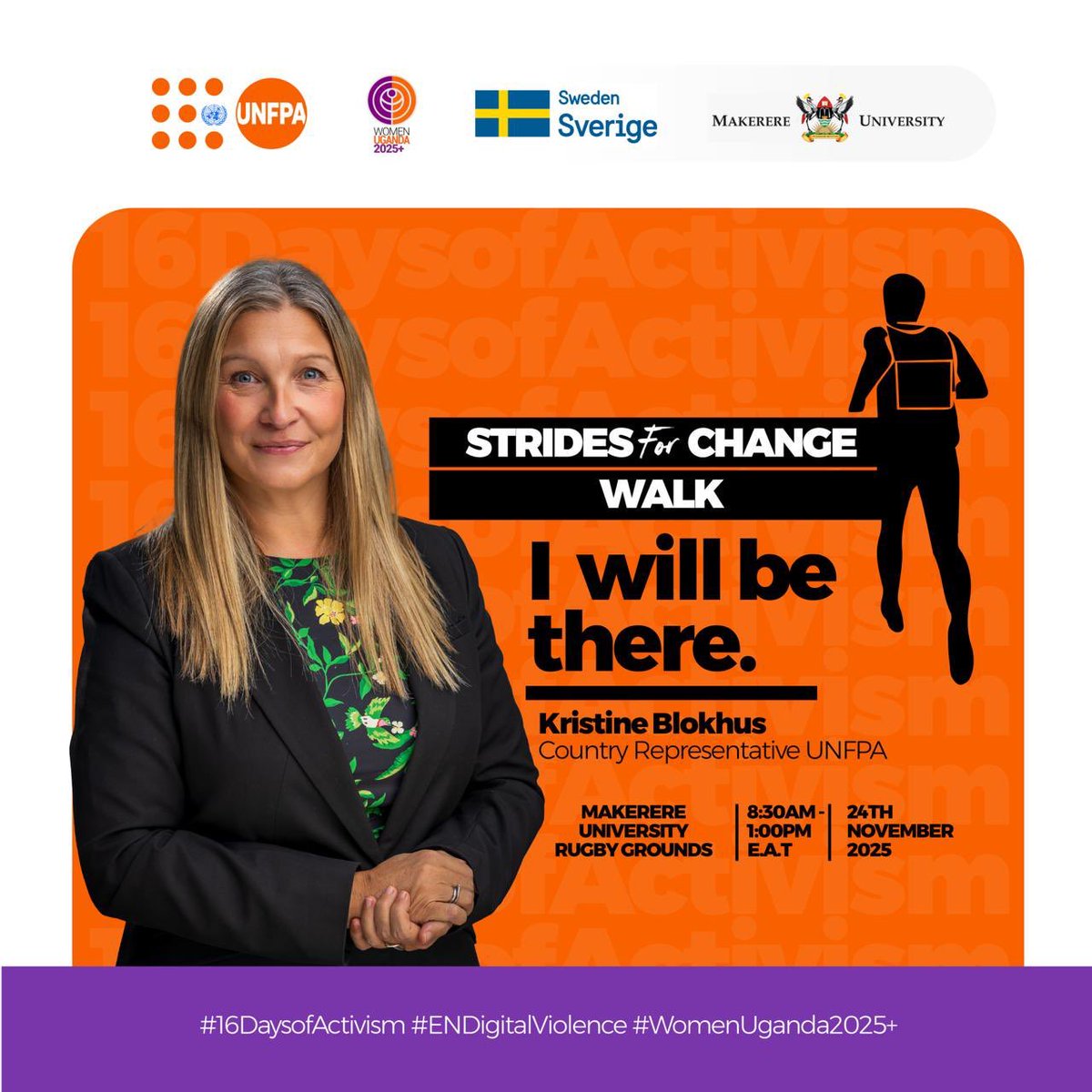 The <a href="/UNFPAUganda/">UNFPA in Uganda</a> Representative, <a href="/kristineblokhus/">Kristine Blokhus</a>, will join us at <a href="/Makerere/">Makerere University</a> for the Strides for Change walk tomorrow 
Digital violence harms millions of women and girls. Together, we can make online spaces safe and respectful.
#EndDigitalViolence
<a href="/SwedEnvoyUganda/">Amb. Maria Håkansson</a> <a href="/UNFPAUganda/">UNFPA in Uganda</a>