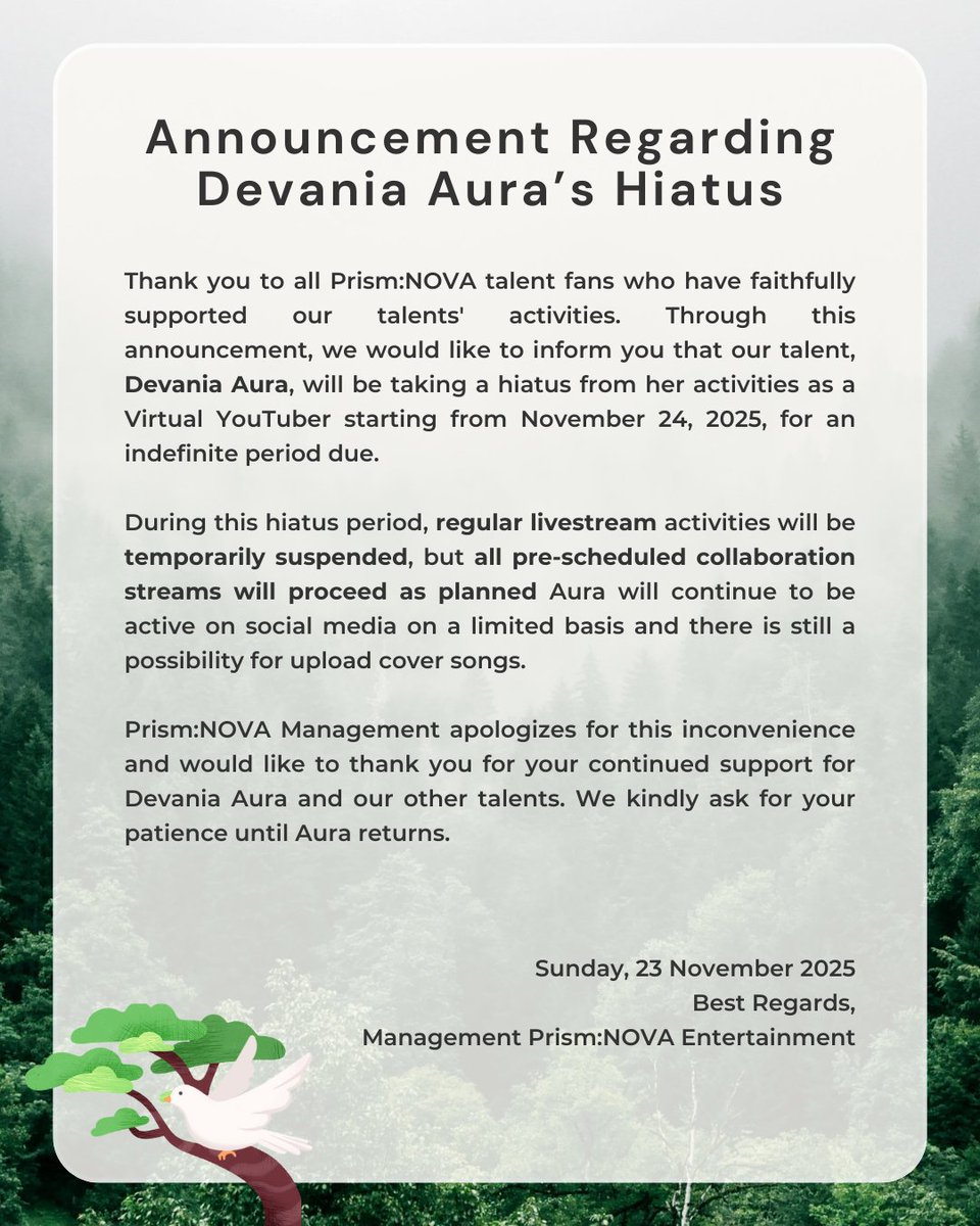 Pengumuman Mengenai Hiatusnya Devania Aura.    

#DevaniaAura #PrismNOVA