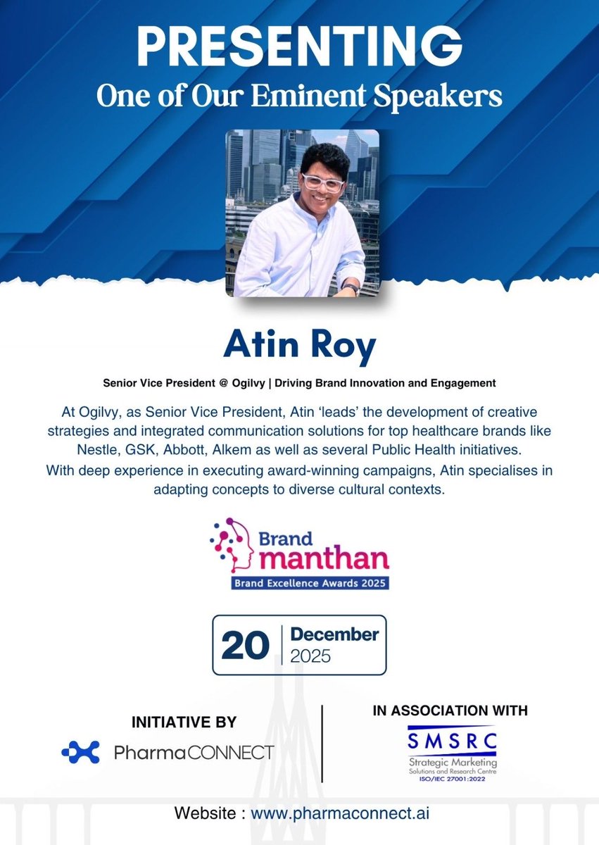 PharmaConnect's tweet photo. Honored to welcome Atin Roy as a speaker at Brand Manthan on 20th
December 2025 at Mumbai. Initiative by @PharmaConnect 

#BrandMathan2025 #pharmaindustry #pharmamarketing #healthcareleadership #industryleaders https://t.co/jPLSrxrOUx