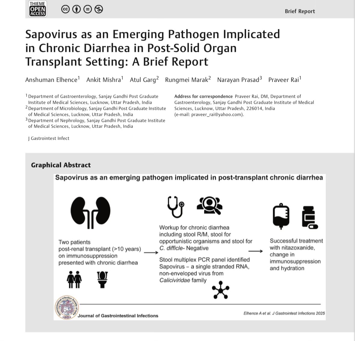 elhence_anshu's tweet image. Our brief report on Sapovirus as an emerging cause of chronic diarrhoea post renal transplant published in @jgijournal thanks to collaborative efforts from Nephrology and Microbiology Depts @SGPGI