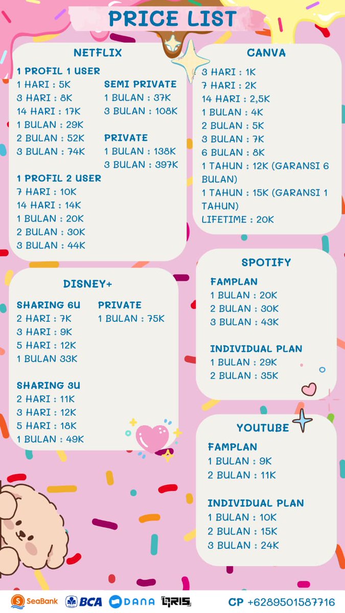 katalog_premium's tweet photo. ⋆˚✿˖°HAPPY WEEKEND⋆˚✿˖°

WTS APLIKASI PREMIUM DIJAMIN TRUSTED, HARGA RAMAH KANTONG, FASTRESP

NETFLIX SPOTIFY YOUTUBE VIDIO CANVA DISNEY+ VIU HBO PRIME

order heree ➡️ https://t.co/2yG6QHouHZ or DM📩

#zonauang #zonajajan https://t.co/UH7ODle2Xh
