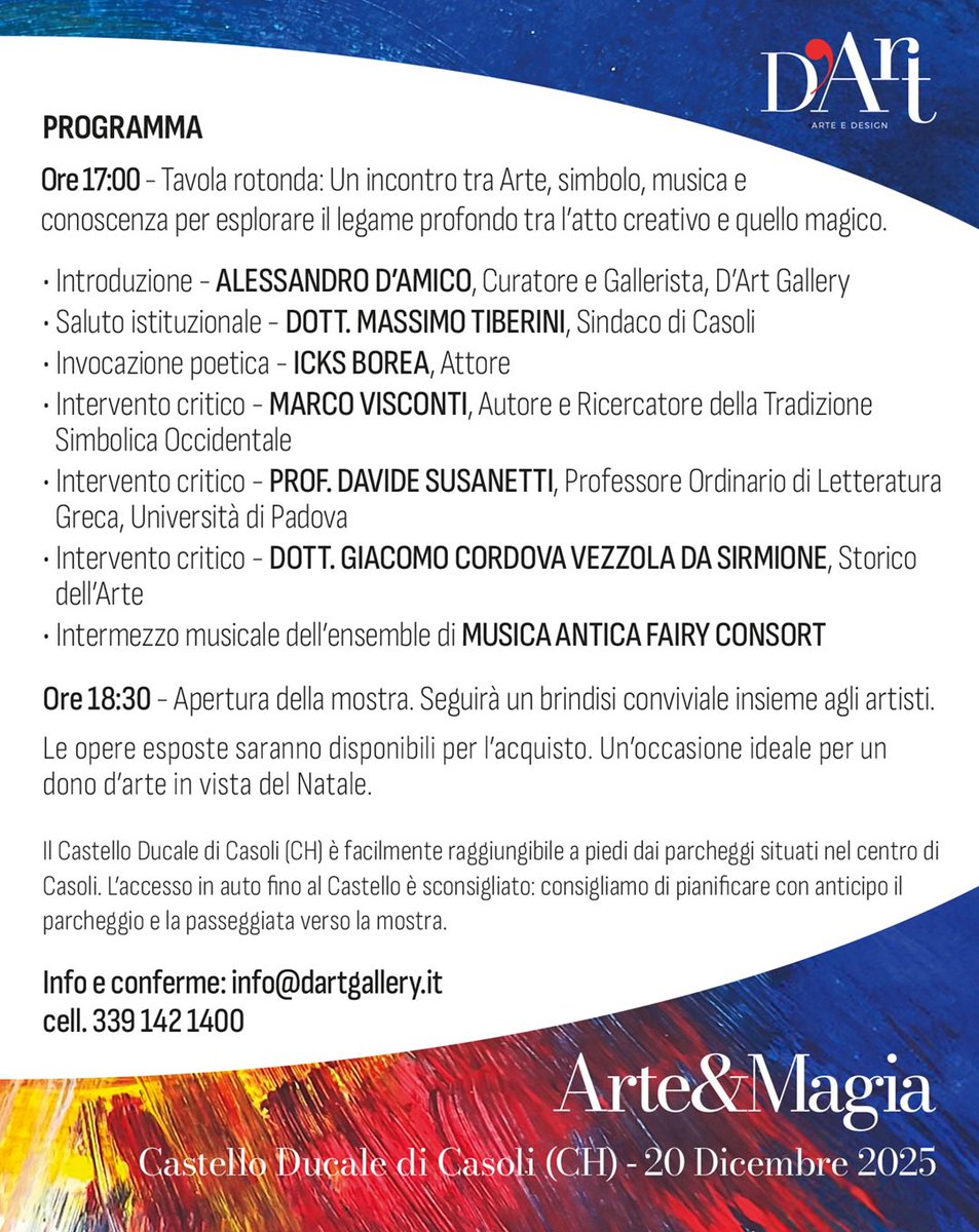 A_damico's tweet photo. Arte &amp; Magia - Mostra Internazionale D’Arte Contemporanea al Castello di Casoli (CH) organizzata e curata da Alessandro D’Amico della D’Art Gallery.
20 dicembre 2025 https://t.co/4itUnkYgjd