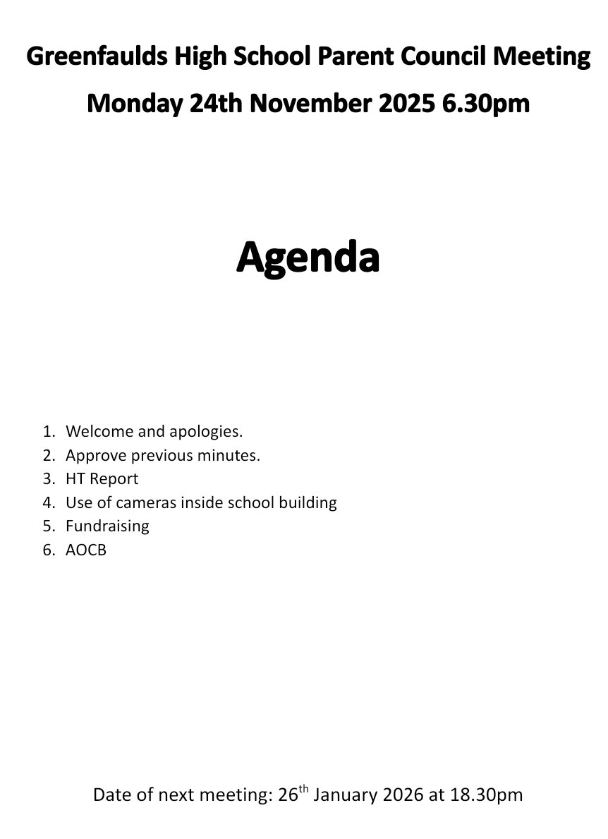 GHSParents's tweet photo. Here is the agenda for the next @Greenfaulds_HS Parent Council meeting on Monday 24 November. https://t.co/1nfJwz1M27