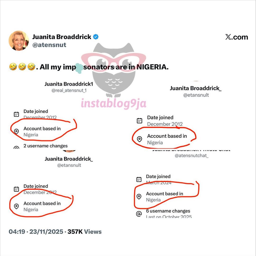 instablog9ja's tweet image. American Author Juanita Applauds Elon Musk After X Update Reveals Alleged Activities of Nigeria-Based Accounts