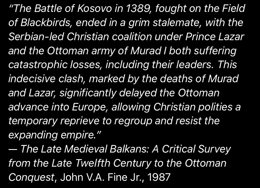 SerbianSpirit_'s tweet photo. “This indecisive clash—marked by the deaths of Murad 🇹🇷 and Lazar 🇷🇸—significantly delayed the Ottoman advance into Europe, allowing Christian ☦️ polities a temporary reprieve to regroup and resist the expanding empire.”

To all the coping T*rks in the replies ⬇️ https://t.co/dxt5bDyQE9