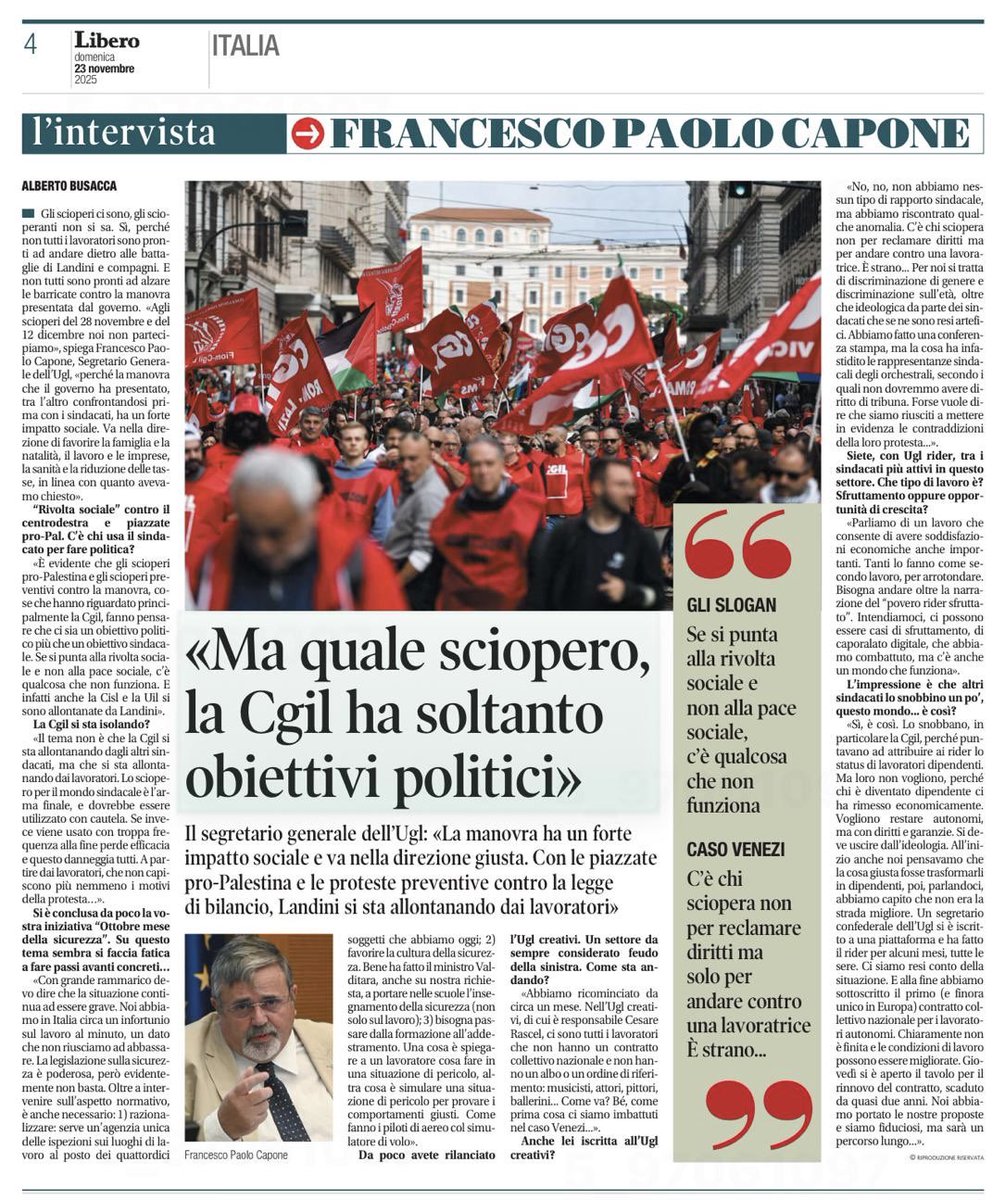 📰 Oggi su <a href="/Libero_official/">Quotidiano Libero</a> ho rilasciato una lunga intervista in cui parlo di #sindacato, #sciopero e #pacesociale.

🇮🇹 #Italia #UGL <a href="/UGLConf/">UGL Confederazione</a>