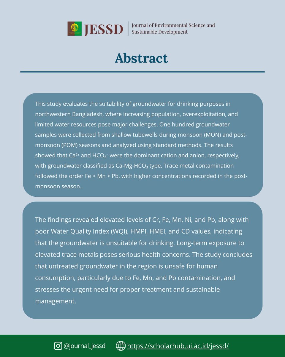 JournalJESSD's tweet image. "SUITABILITY ASSESSMENT OF GROUNDWATER QUALITY FOR DRINKING PURPOSES"

Scopus link: scopus.com/inward/record.…

Full paper: scholarhub.ui.ac.id/jessd/vol7/iss…

#JESSD #EnvironmentalScience #SustainableDevelopmentGoal #Research