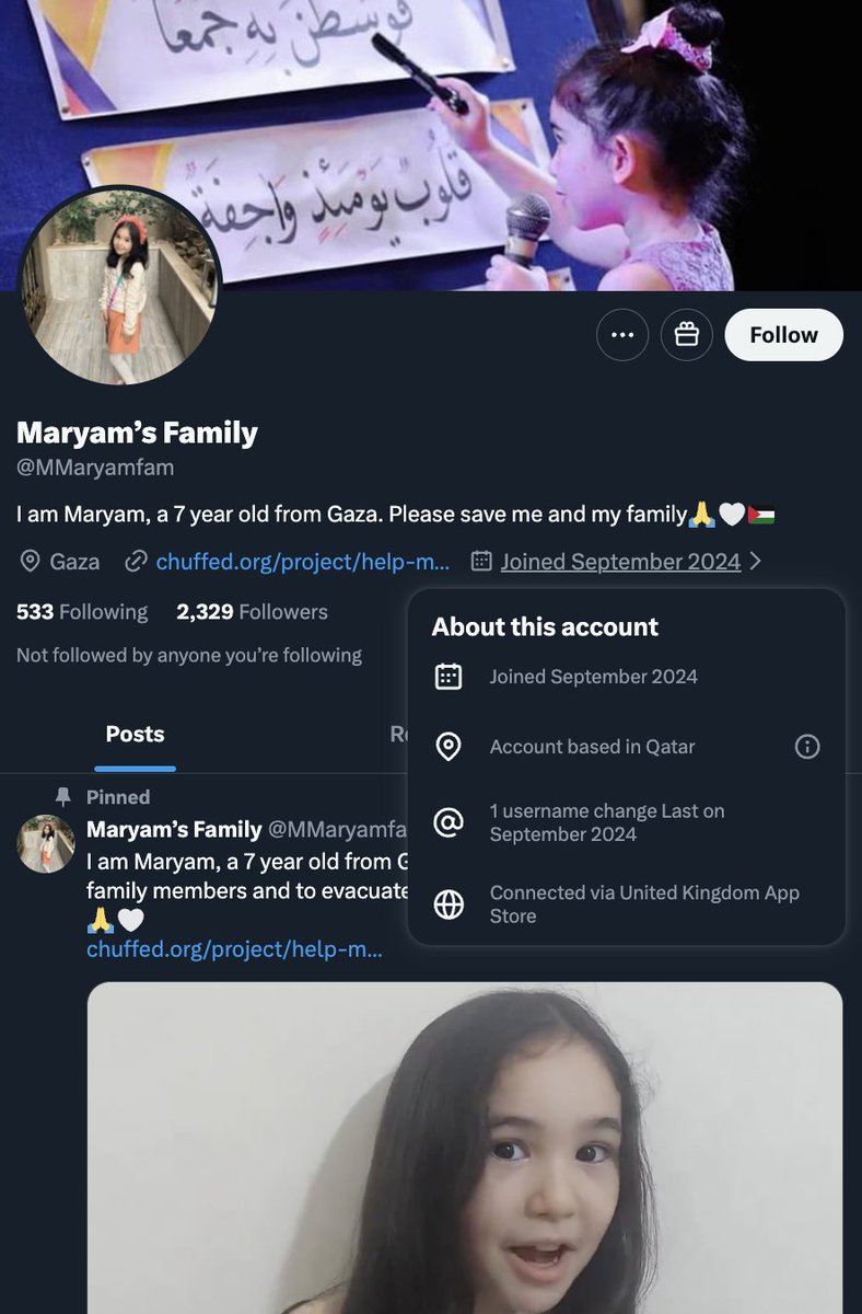 EmmaRincon's tweet image. &quot;Soy Maryam, una niña de 7 años de Gaza. Por favor, sálvame a mí y a mi familia🙏🤍🇵🇸&quot; 

Cuenta basada en Qatar, conectado a través del App Store del Reino Unido