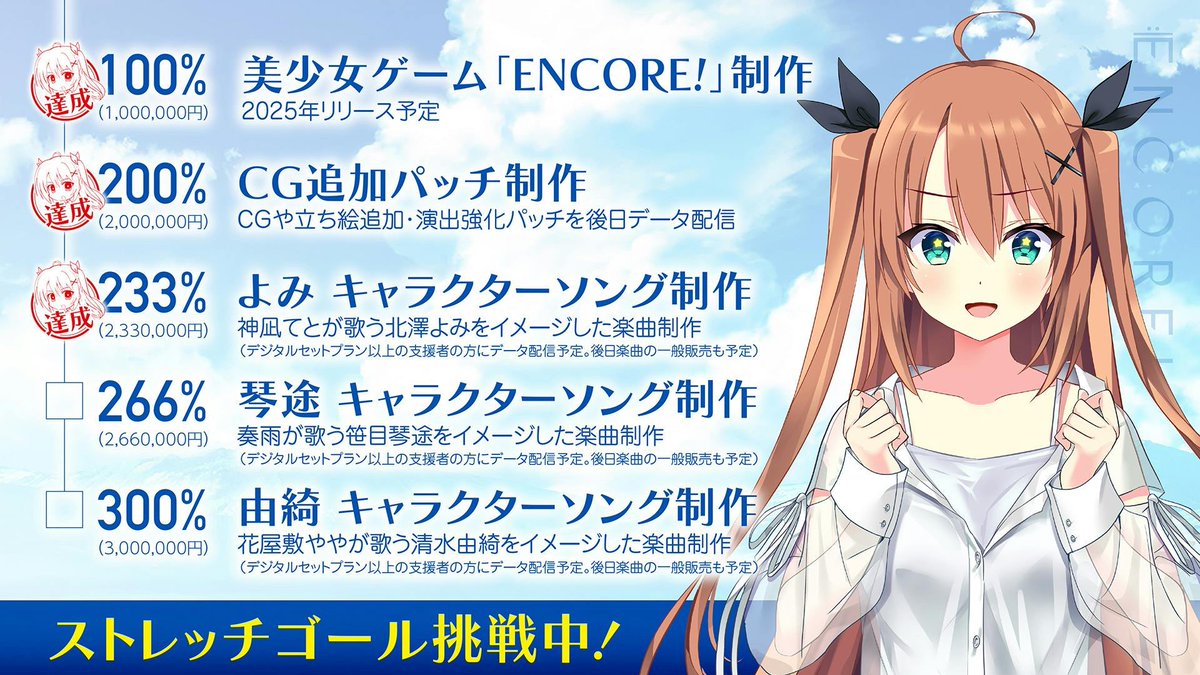 galex_soft's tweet image. │◤ストレッチゴール挑戦中◢│
 #あんこーるっ
 
300%達成で
3人のキャクターソングを制作します✨

🟪 233%よみ ▶︎ ⭕️
🟦 266% 琴途 ▶︎ 挑戦中
🟧 300% 由綺 ▶︎ 挑戦中

終了まであと1週間！

▼URL
camp-fire.jp/projects/85368…