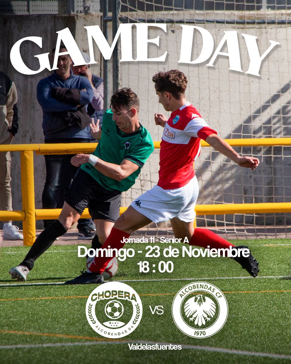 💚 MATCH DAY – J11 💚
Este domingo volvemos a la batalla.
A las 18:00 visitamos Valdelasfuentes para enfrentarnos al Atlético Chopera, en un derbi de Alcobendas que siempre exige máxima intensidad.

¡Vamos Alcobendas!