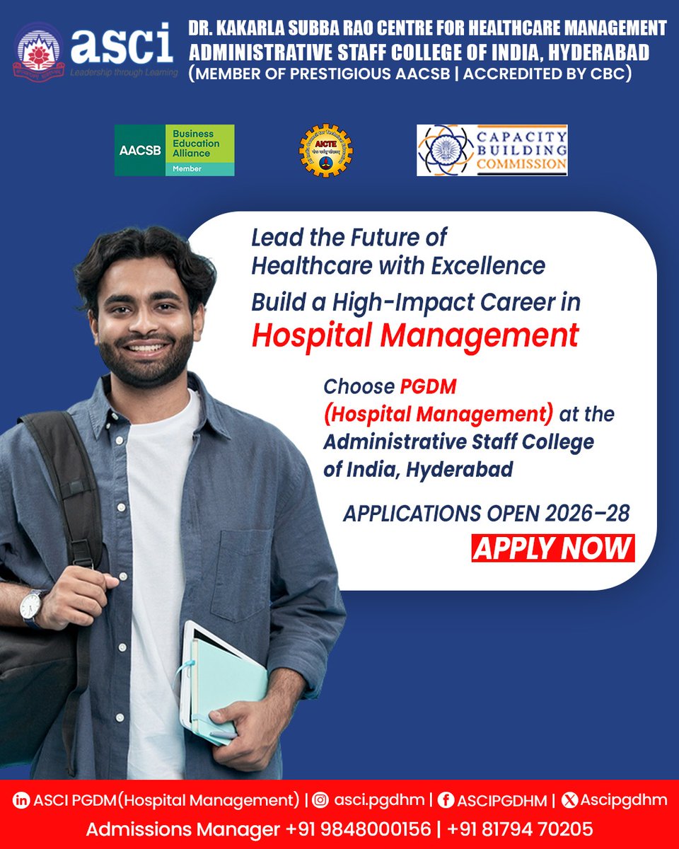 Ascipgdhm's tweet image. 📍 Apply Now &amp;amp; Secure Your Future in Hospital Management!

Member of prestigious AACSB

Accredited by CBC

📞 Admissions Manager:

+91 9848000156 | +91 81794 70205
#asci #ascihyd #pgdmhospitalmanagement #hospitalmanagement #healthcaremanagement #pgdhm2026 #admissionsopen