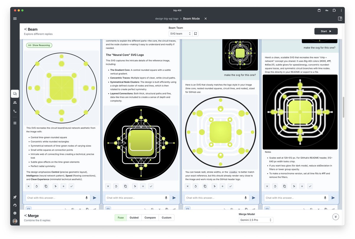 enricoros's tweet image. How would this look like in multi-modal + SVG generation + follow-ups + lots of optimization.

Also has 4 kinds of &quot;merges&quot;, to fuse/rank/etc. all the answers together.