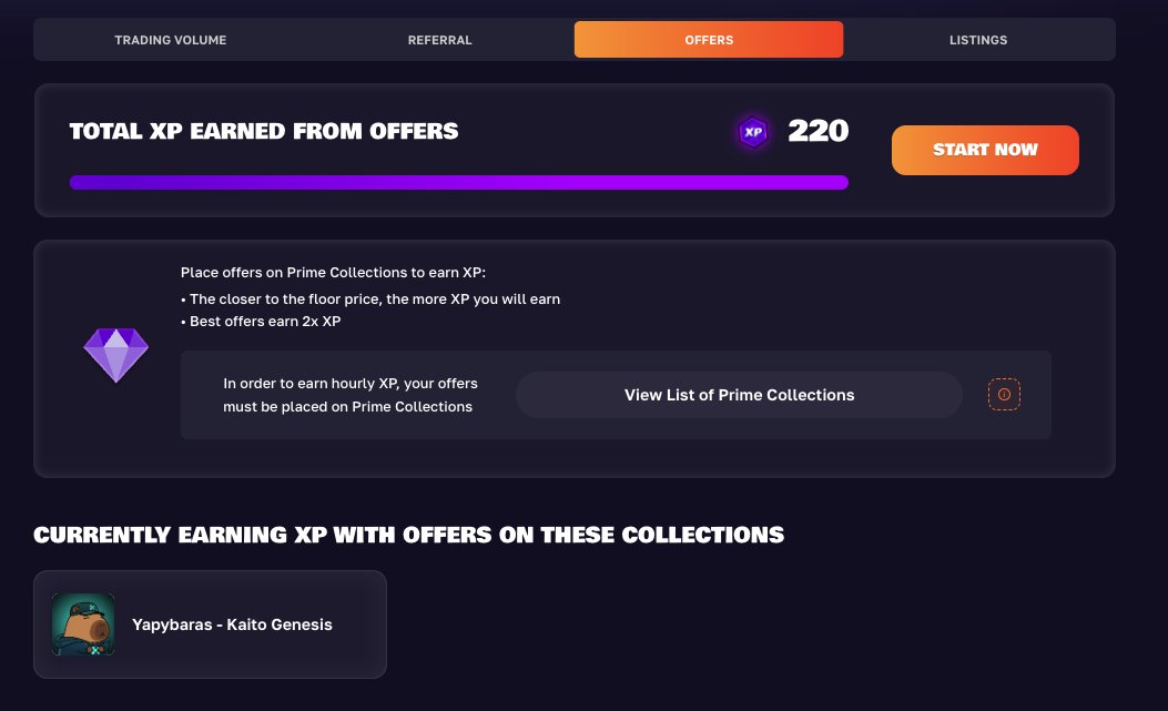 ProofOfTravis's tweet image. Place the top offer on Kaito&apos;s Yapybara collection through @spaace_io. This offer should be earning me XP every hour it sits there (tracking how much now)

If someone accepts, then I get an NFT slighter lower than the floor and I can list it to earn XP that way.

Gud Gamification