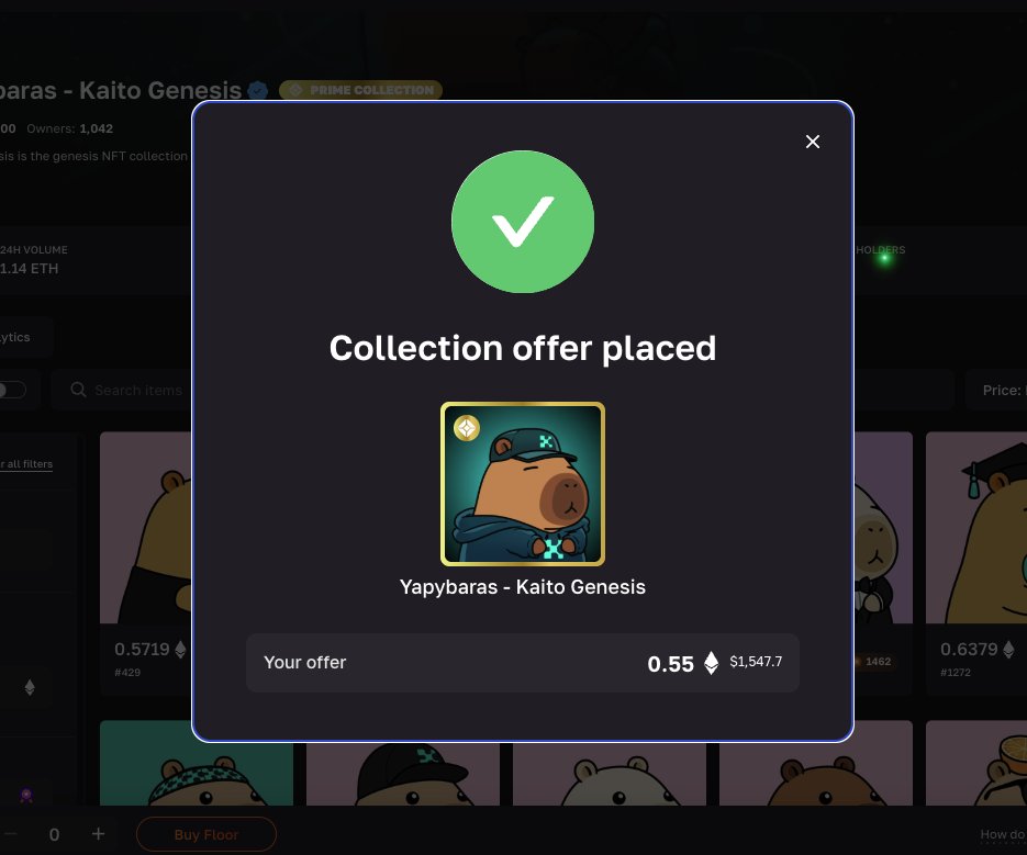 ProofOfTravis's tweet image. Place the top offer on Kaito&apos;s Yapybara collection through @spaace_io. This offer should be earning me XP every hour it sits there (tracking how much now)

If someone accepts, then I get an NFT slighter lower than the floor and I can list it to earn XP that way.

Gud Gamification