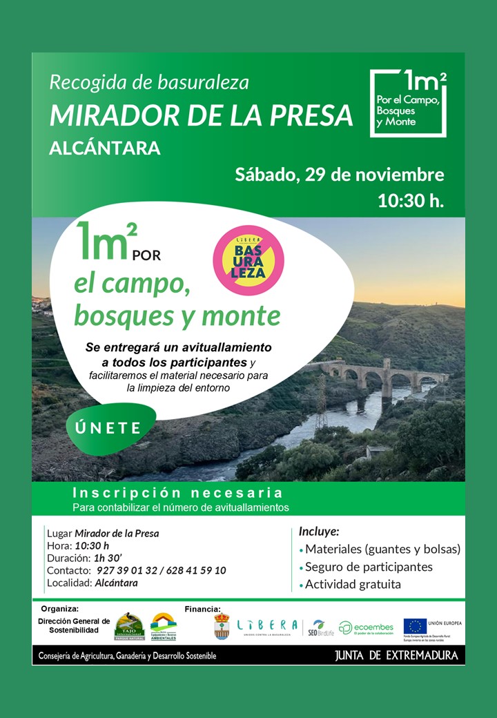 CI_TajoInternac's tweet image. #LIBERA1m2 en un lugar que es muy necesario debido a la cantidad de residuos que gente incívica deja allí abandonado,  el Mirador de la Presa, en Alcántara. Con  avituallamiento, proporcionado por el Ayuntamiento de Alcántara.
¡Apúntate! 927390132 Plazas limitadas.