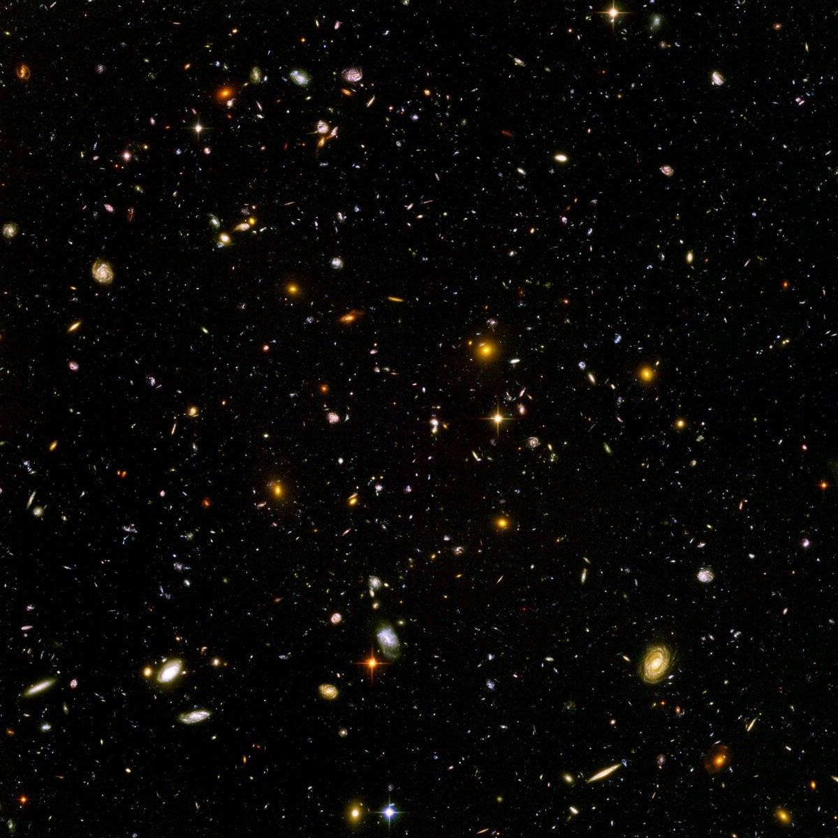 TimeDecoded's tweet image. The Hubble Ultra Deep Field, is an image of a small region of space in the constellation Fornax, composited from Hubble Space Telescope data accumulated over a period from September 3, 2003 through January 16, 2004. The patch of sky in which the galaxies reside was chosen because…
