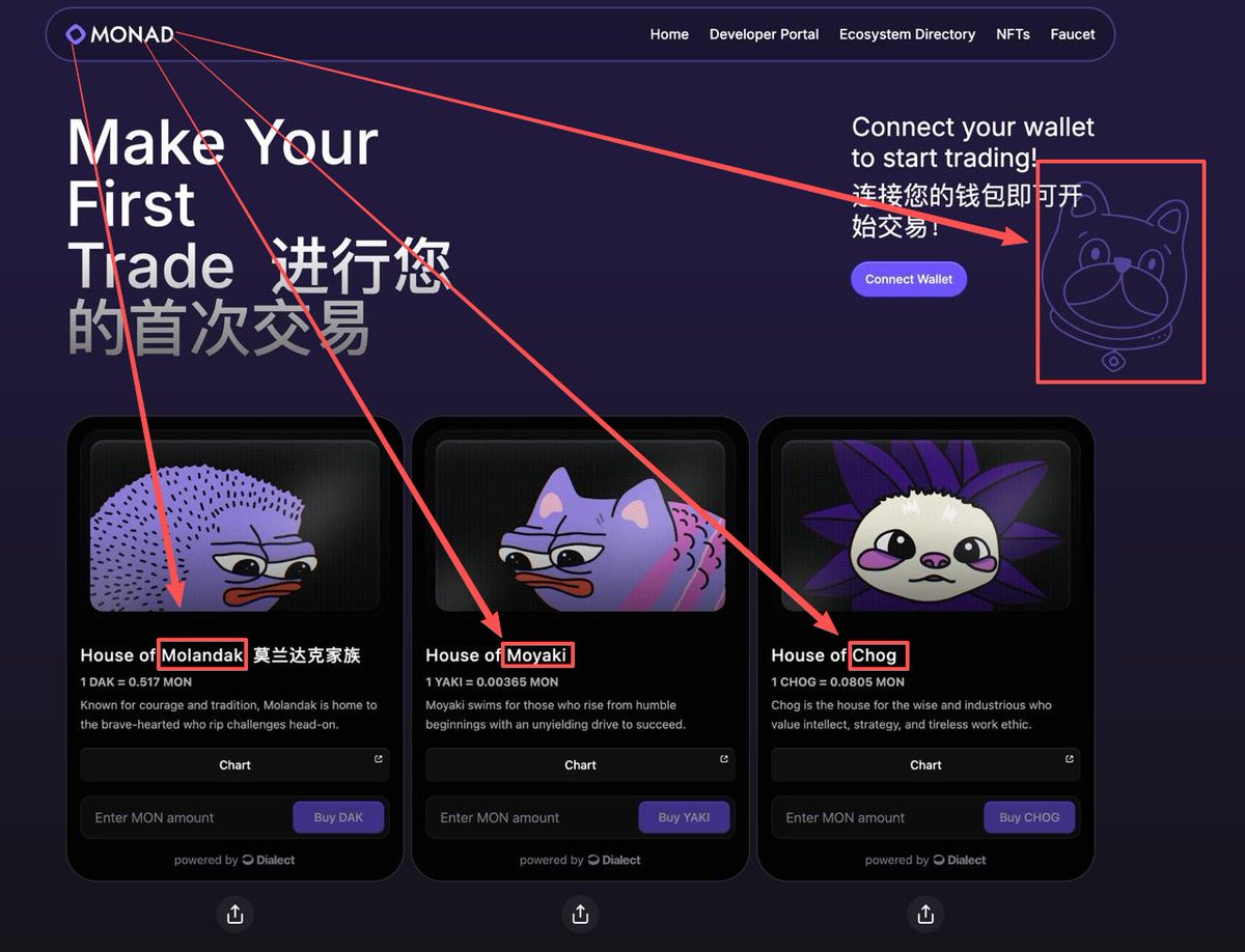 ZephyrTrading's tweet image. 明天晚上九点@monad 主网上线

官方认证发射台：@naddotfun

能冲的应该是 $Molandak+ $Moyaki+ $Chog 加上一个 $Mdog

但是这三个在测试网原先就有的 主网上线可能有迁移或者映射 也就是会有官方的ca

好巧的是官方在这里给了一个狗的logo 相当于直接给ticker了

那么最后跑出来的很有可能是草根…