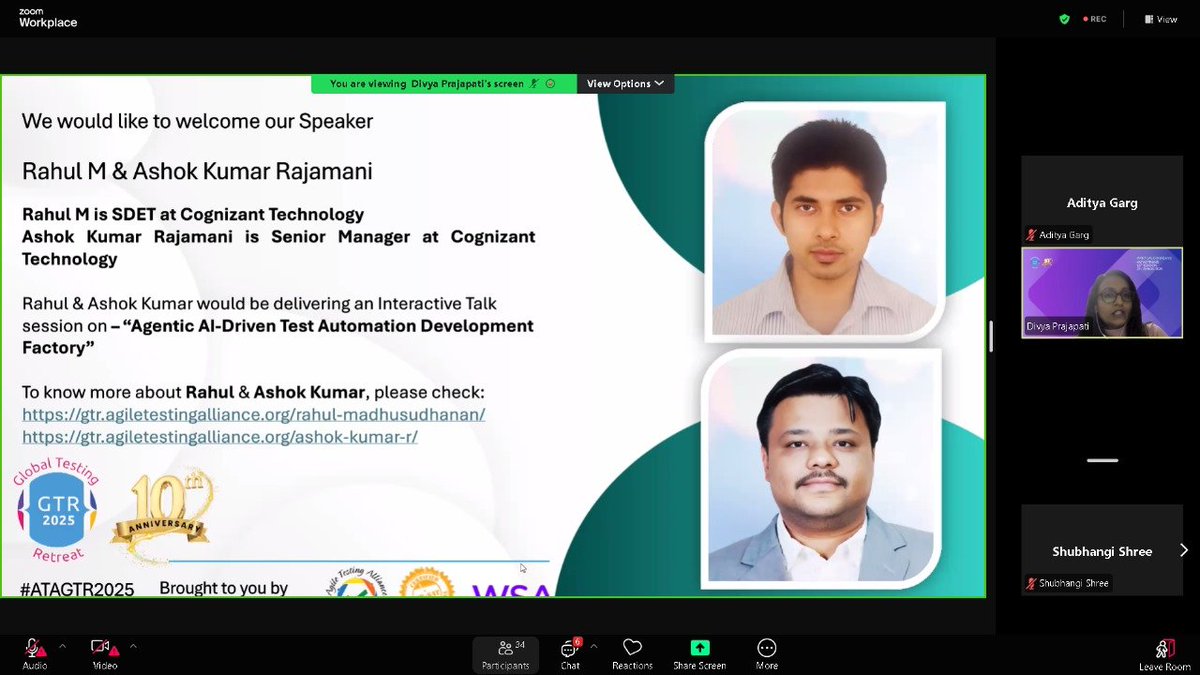 TestingRetreat's tweet image. Day-2 Track-2 welcoming Rahul M and Ashok Kumar Rajamani for their session on building the future of testing with Agentic AI.#ATAGTR2025 #10th_Edition #VIRTUALCONFDAYS #WSA
@AgileTAlliance
@adigindia
@rajputabhay017
@Tietoevry
@QAMENTOR1
@ISquareIT
@SelectorsHub
@TheTestChat