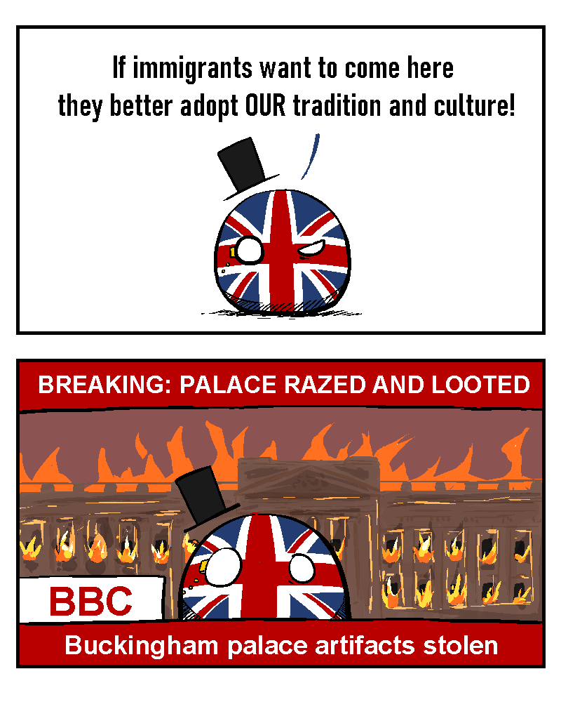 Diictodom's tweet photo. Some comments in my last comic were talking about protecting "British" culture

That got me thinking, what is "British" culture exactly?

After thinking about it for a grand total of 1 minute I think what I got here is pretty accurate

#uk #comic #countryball #polandball https://t.co/ECnyQHrpgU