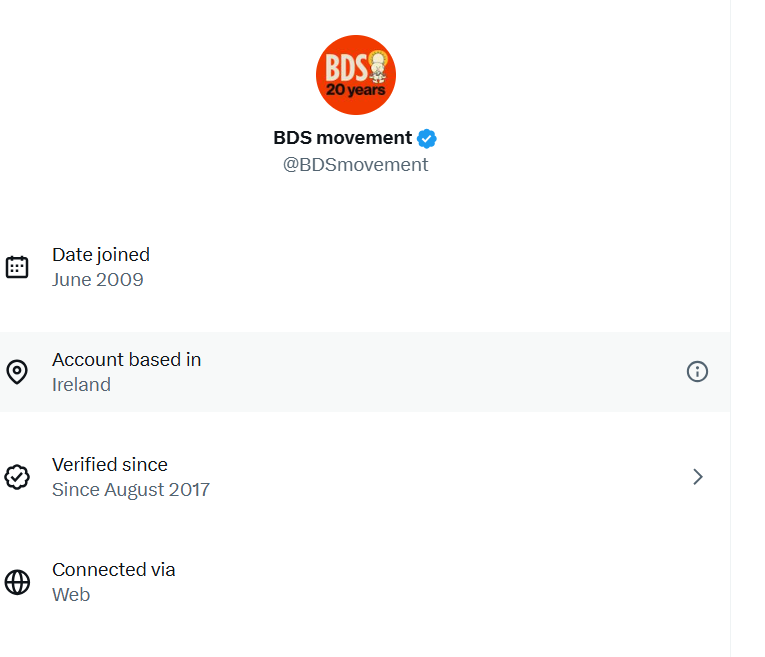 StarrJpost's tweet image. Unsurprisingly, main BDS movement account being run out of Ireland.
